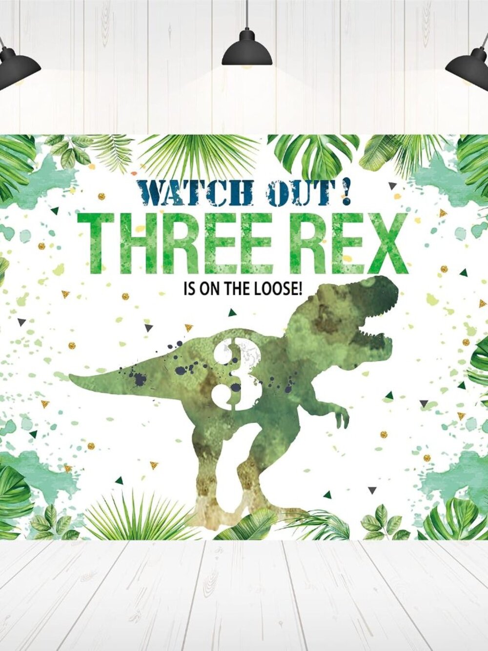 5×3ft Three-rex Birthday Backdrop for Boys Dinosaur 3rd Birthday Green Leaf Back